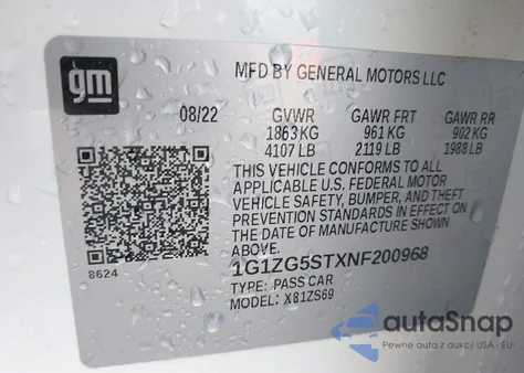 2022 Chevrolet Malibu Fwd Rs из США, поврежденный, VIN 1G1ZG5STXNF200968